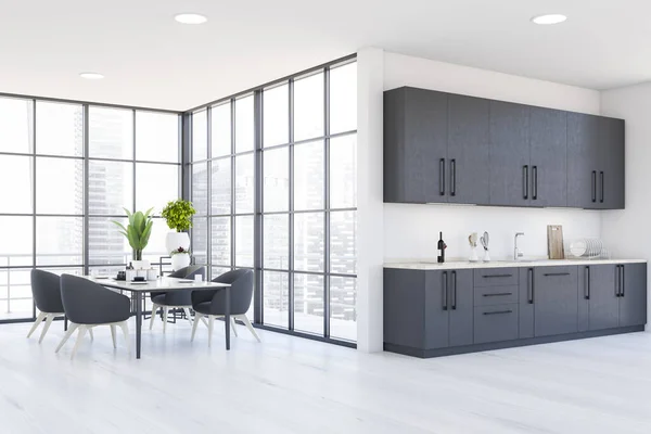 Interior Panoramic Kitchen White Walls Wooden Floor Grey Countertops Cupboards — Stock Photo, Image