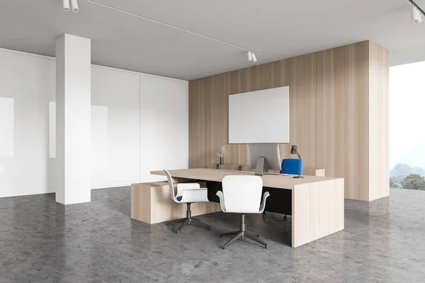Corner of stylish CEO office with white and wooden walls, concrete floor, computer table with chairs for visitors and horizontal mock up poster. Concept of management. 3d rendering