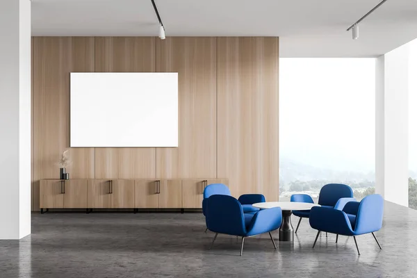 Escritório Moderno Sala Espera Interior Com Paredes Brancas Madeira Janelas — Fotografia de Stock