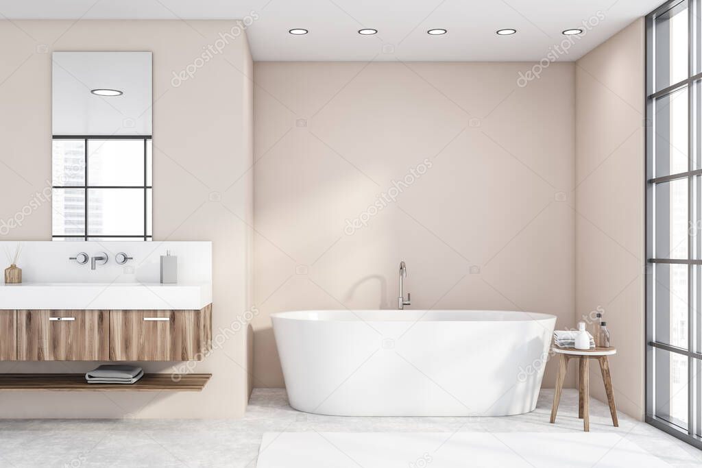 Comfortable white bathtub and sink with vertical mirror standing in stylish bathroom with beige walls and concrete floor. 3d rendering