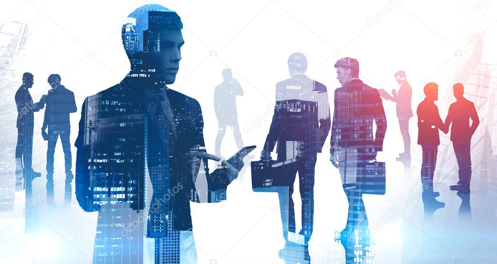 Business meeting and communication concept. Silhouettes of diverse business people in abstract night city. Creative double exposure effect, toned image