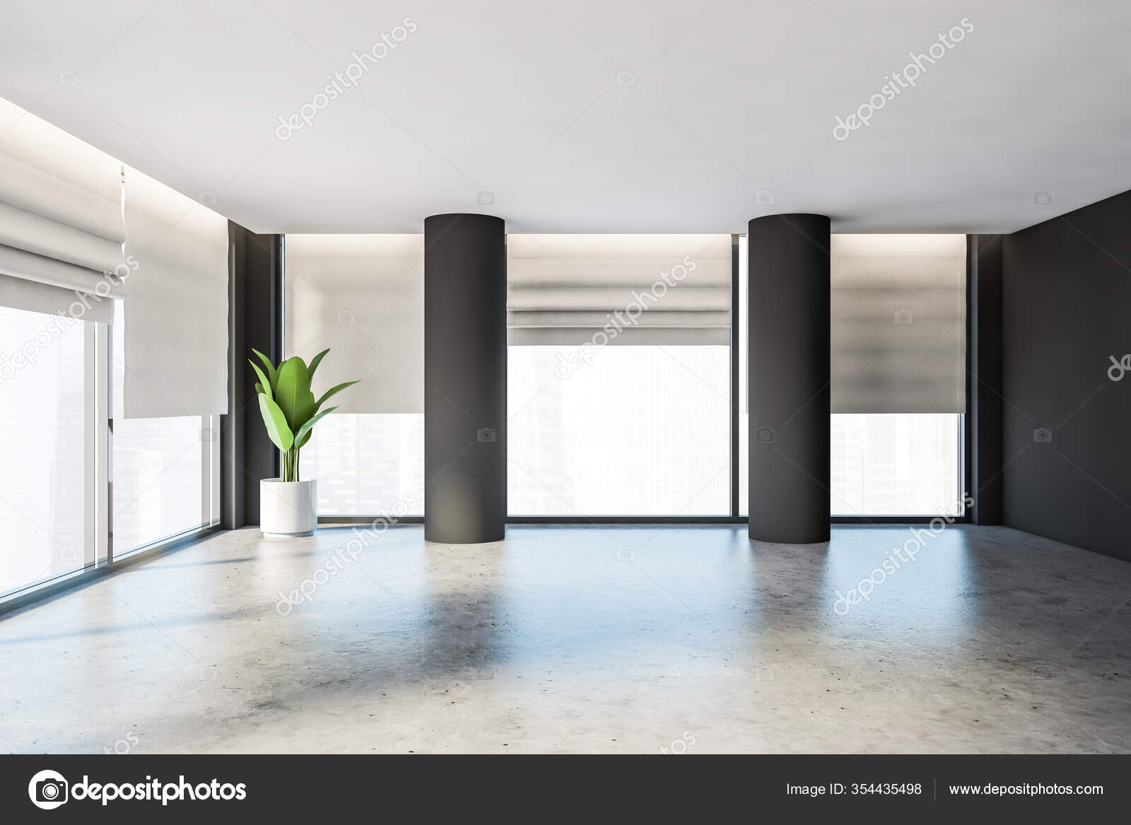 Interior Oficina Vacía Lujo Apartamento Con Paredes Grises Oscuras Columnas  — Foto de stock #354435498 © denisismagilov, image size:1600x1167