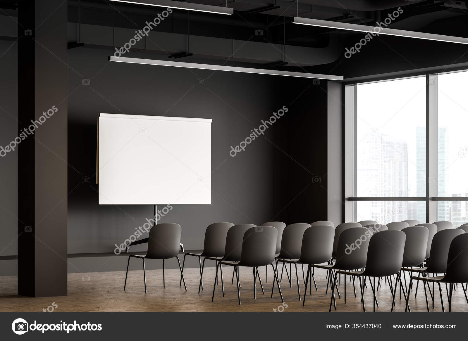 Download Interior Modern Congress Hall Grey Walls Concrete Floor Rows Gray Stock Photo Image By C Denisismagilov 354437040