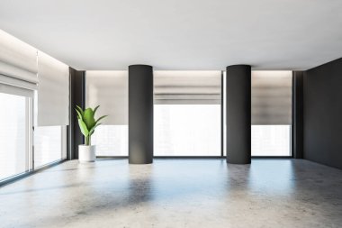 Lüks, boş bir ofis ya da koyu gri duvarları, sütunları, bulanık şehir manzarası ve beton zemini olan panoramik pencereleri olan bir daire. Gayrimenkul ve yenileme kavramı. 3d oluşturma