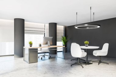 Yönetim konsepti. Panoramik Ceo ofis içi gri duvarlar, sütunlar, beton zemin, bilgisayar masası ve yuvarlak kahve masası ve beyaz sandalyeli dinlenme odası. 3d oluşturma