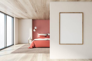 Panoramik yatak odasının içinde beyaz ve pembe duvarlar, ahşap zemin ve tavan, rahat büyük boy yatak, pembe battaniye ve şık lamba. Dikey model poster çerçevesi. 3d oluşturma