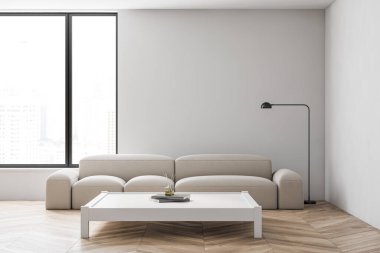 Minimalist oturma odasının içinde beyaz duvarlar, ahşap zemin, Japon tarzı sehpanın yanında duran rahat beyaz kanepe ve bulanık şehir manzaralı pencere. 3d oluşturma
