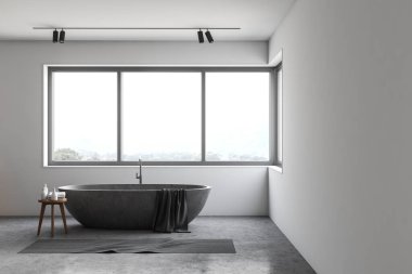 Minimalist banyo, beyaz duvarlar, beton zemin, pencerenin altında duran rahat taş küvet, bulanık dağ manzarası ve güzellik ürünleriyle dolu sandalye. 3d oluşturma