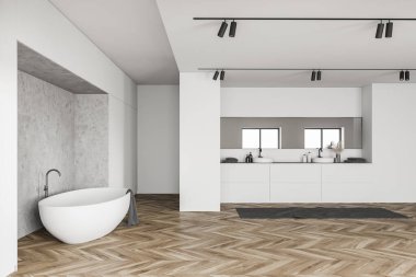 Beyaz ve beton duvarlı tavan arası banyosu, ahşap zemin, uzun aynalı çift lavabo ve rahat beyaz küvet. 3d oluşturma