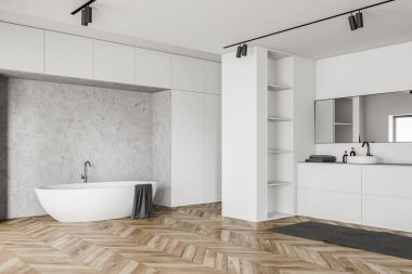 Beyaz ve beton duvarlı, ahşap zemin, rahat küvet ve yanında raflar olan yuvarlak lavabo köşesi. 3d oluşturma