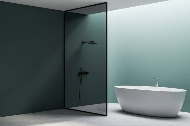 Modern banyonun köşesinde koyu yeşil duvarlar, taş zemin, rahat beyaz küvet ve cam duş kabini. 3d oluşturma