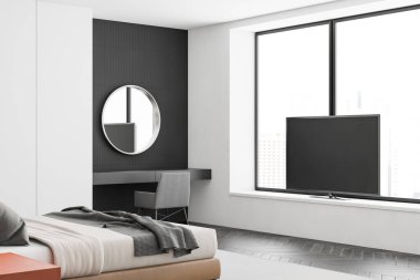 Minimalist büyük yatak odasının içinde gri ve beyaz duvarlar, koyu ahşap zemin, önünde televizyon olan rahat kral yatağı ve yuvarlak aynalı makyaj masası. 3d oluşturma