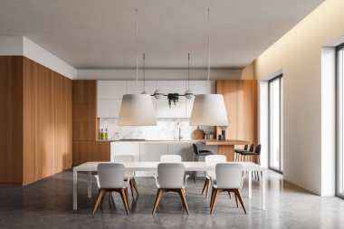 Lüks mutfak, beyaz, mermer ve ahşap duvarlar, beton zemin, beyaz tezgah, tabureli bar ve beyaz sandalyeli yemek masası. 3d oluşturma