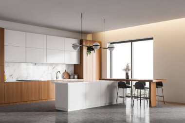 Lüks mutfağın köşesinde beyaz, mermer ve ahşap duvarlar, beton zemin, ahşap tezgah, beyaz ada ve tabureli bar masası. 3d oluşturma