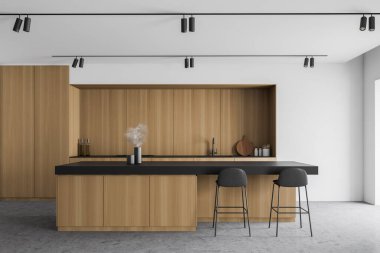 Beyaz ve ahşap duvarları, beton zemini, lavabosu, ocağı ve taburesi olan rahat ahşap tezgahları olan şık bir mutfak. 3d oluşturma