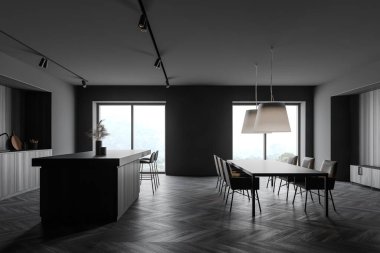 Gri ve ahşap duvarlı şık mutfak manzarası, koyu ahşap zemin, ahşap tezgah, tabureli bar ve üzerinde kocaman lambalar asılı uzun yemek masası. 3d oluşturma