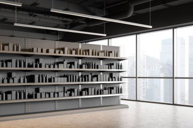 Boş kutular, şişeler ve panoramik pencerelerle dolu gri rafları olan şık bir süpermarketin ya da deponun köşesinde. Perakende ve depo kavramı. 3d oluşturma