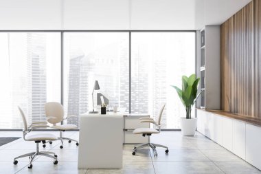 Panoramik Ceo ofisi, ahşap duvarlar, döşeme döşemeleri, ziyaretçiler için beyaz sandalyeli rahat bilgisayar masası. Bulanık şehir manzaralı bir pencere. 3d oluşturma
