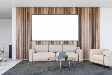 Lüks ofis bekleme odasının içinde ahşap duvarlar, fayanslı zemin, deri kanepe ve dizüstü bilgisayarlı yuvarlak kahve masasının yanında duran koltuk. Yatay maket posteri. 3d oluşturma