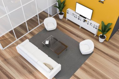 Sarı duvarları, ahşap zemini, rahat beyaz koltuğu, koltuğu ve sahte ekranlı televizyonu olan modern uluslararası şirket bekleme salonunun en üst görüntüsü. 3d oluşturma