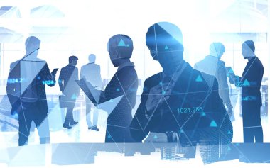 Muhtelif iş adamlarının siluetleri bulanık ofiste birlikte çalışıyorlar. Şehir manzarası ve ağ hologramına iki kez maruz kalıyorlar. İnternet bağlantısı ve takım çalışması kavramı. Tonu ayarlanmış resim