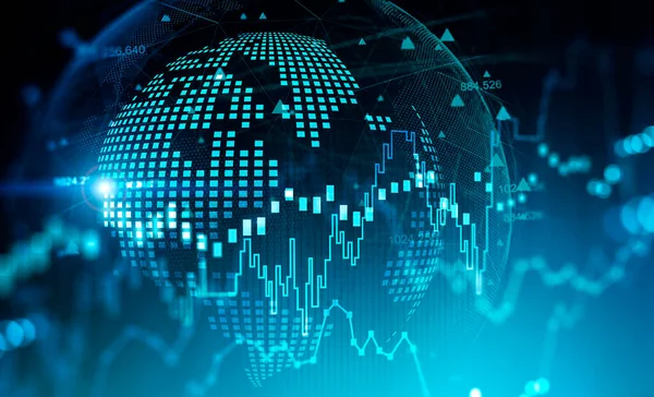 Global financial market and trading concept. Blurry blue financial chart and planet hologram over dark blue background. Futuristic financial interface. 3d render illustration.