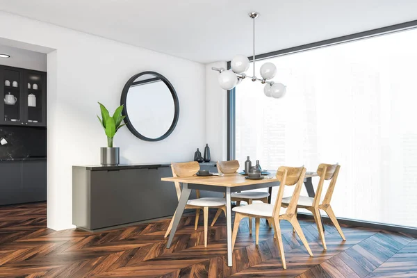 Hoek Van Moderne Eetkamer Met Witte Muren Donkere Houten Vloer — Stockfoto