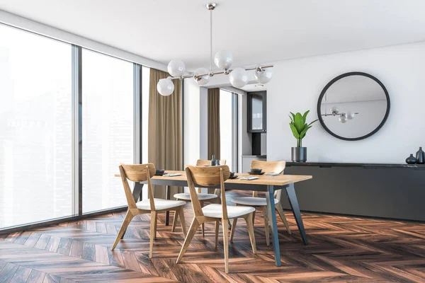 Esquina Comedor Minimalista Con Paredes Blancas Suelo Madera Oscura Mesa —  Fotos de Stock