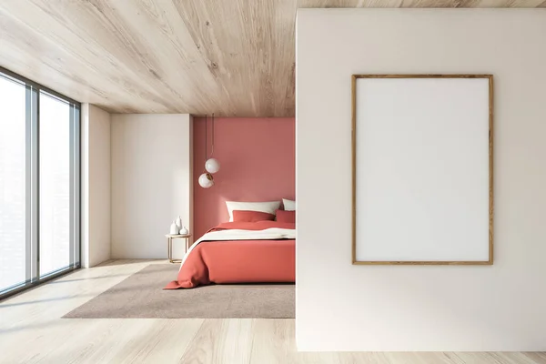 Interior of panoramic bedroom with white and pink walls, wooden floor and ceiling, comfortable king size bed with pink blanket and stylish lamp. Vertical mock up poster frame. 3d rendering