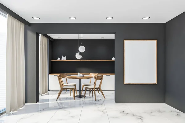 Interior Elegante Cozinha Panorâmica Com Paredes Cinzentas Piso Mármore Branco — Fotografia de Stock