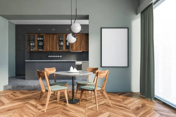 Interior Cozinha Elegante Com Paredes Cinza Claro Piso Concreto Bancadas — Fotografia de Stock
