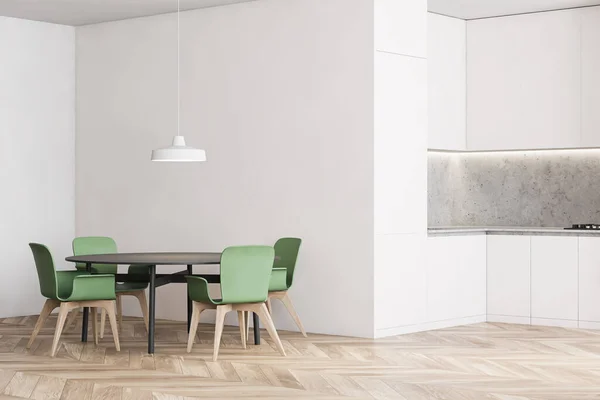 Corner Spacious Kitchen White Gray Walls Wooden Floor White Countertops — Stock Photo, Image