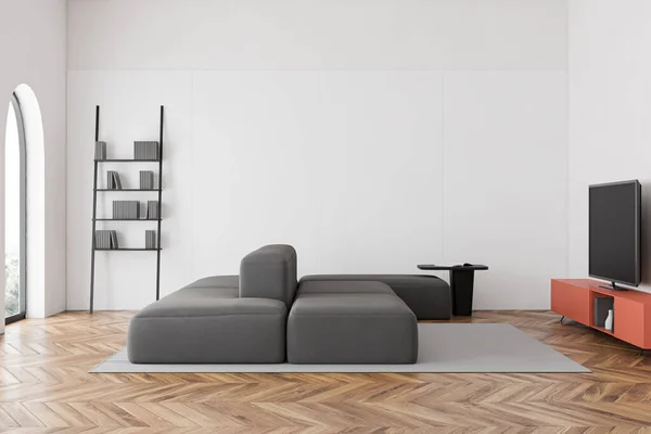 Interior Stylish Minimalistic Living Room White Walls Arched Window Comfortable — Stock Photo, Image