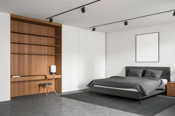 现代卧房的角落 白色的墙壁 混凝土地面 灰色的国王尺寸的床和木制的桌子 椅子和架子在上面 垂直模拟海报框架 3D渲染 — 图库照片
