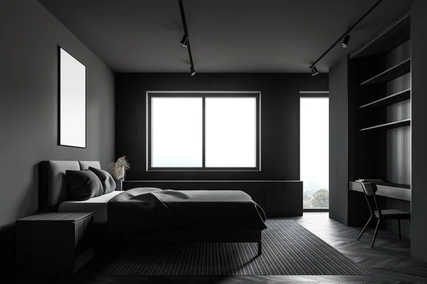 Side view of minimalistic master bedroom with grey walls, dark wooden floor, comfortable king size bed standing on the carpet, window with mountain view and wooden table with shelves. 3d rendering