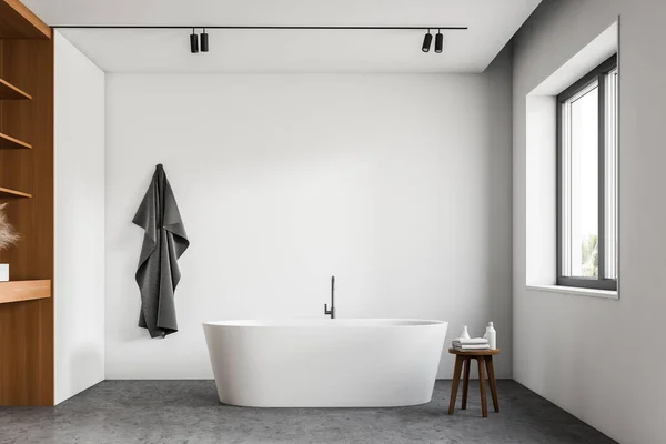 Interior Banheiro Moderno Estilo Minimalista Com Paredes Brancas Piso Concreto — Fotografia de Stock
