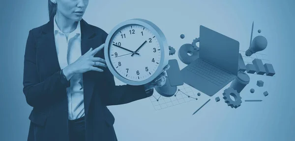 Unrecognizable Young Businesswoman Student Holding Big Clock Gadgets Graphs Background — Stock Photo, Image