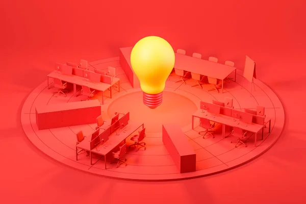 Concept of partnership and bright idea. Abstract image with red office furniture standing in circle with yellow light bulb in the center. 3d rendering