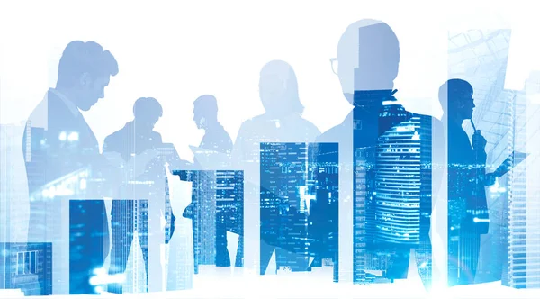 Silhouettes Business People Blurry City Double Exposure Big Bar Chart — Stock Photo, Image