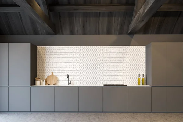 Interior Cozinha Sótão Luxo Com Paredes Azulejos Cinza Branco Piso — Fotografia de Stock