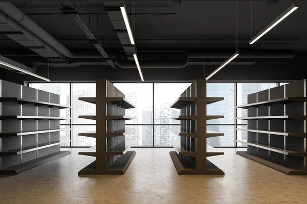 Side view of industrial style supermarket or warehouse with empty grey shelves, concrete floor and panoramic windows. Concept of consumerism and storage. 3d rendering