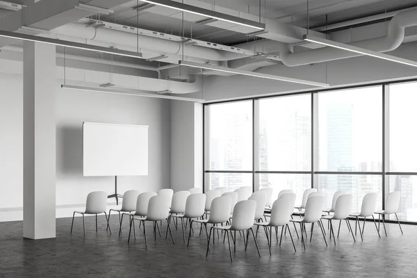 Corner of modern industrial style office lecture hall with white walls, concrete floor, rows of white chairs and mock up projection screen. Concept of presentation and education. 3d rendering