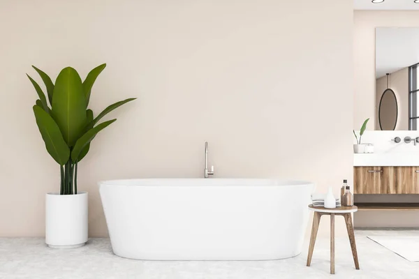 Interior Casa Banho Elegante Com Paredes Bege Piso Concreto Banheira — Fotografia de Stock