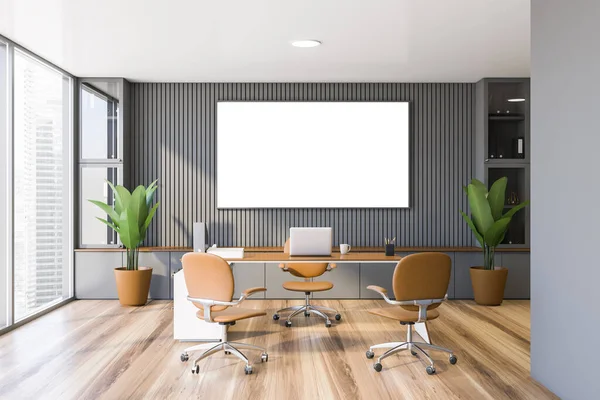 Interior of panoramic CEO office with gray walls, wooden floor, comfortable computer table with leather chairs for visitors. Horizontal mock up poster frame. 3d rendering