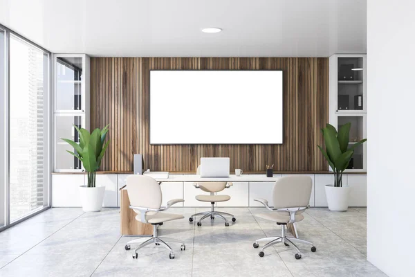 Interior of panoramic CEO office with wooden walls, tiled floor, comfortable computer table with white chairs for visitors. Horizontal mock up poster frame. 3d rendering