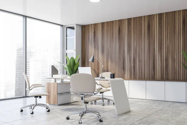 Corner of modern panoramic CEO office with wooden walls, tiled floor, comfortable computer table with white chairs for visitors. Concept of management. 3d rendering