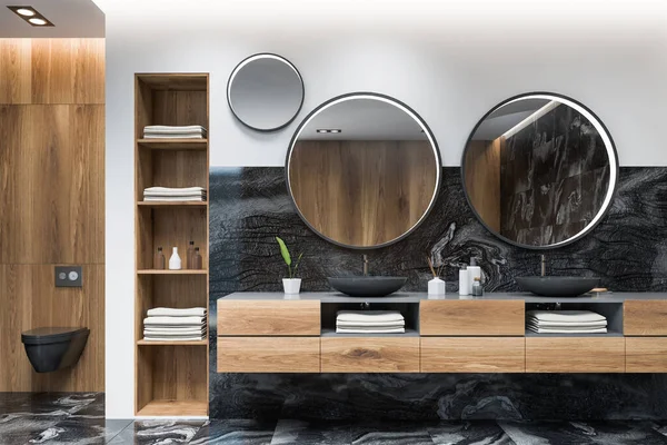 Interior Banheiro Luxo Com Paredes Mármore Branco Preto Pia Dupla — Fotografia de Stock