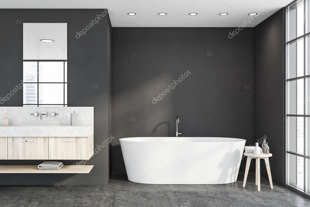 Comfortable white bathtub and sink with vertical mirror standing in modern bathroom with gray walls and concrete floor. 3d rendering