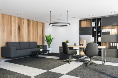 Beyaz ve ahşap duvarları olan lüks CEO ofis köşesi, halı döşeli zemin, kitaplıklı bilgisayar masası ve gri kanepeli dinlenme odası. 3d oluşturma