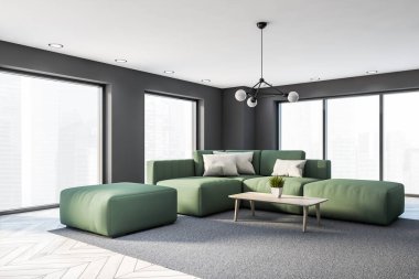 Gri duvarları, ahşap zemini, yumuşak halıda duran yeşil kanepesi ve ahşap sehpası olan şık panoramik oturma odasının köşesi. Bulanık şehir manzaralı bir pencere. 3d oluşturma